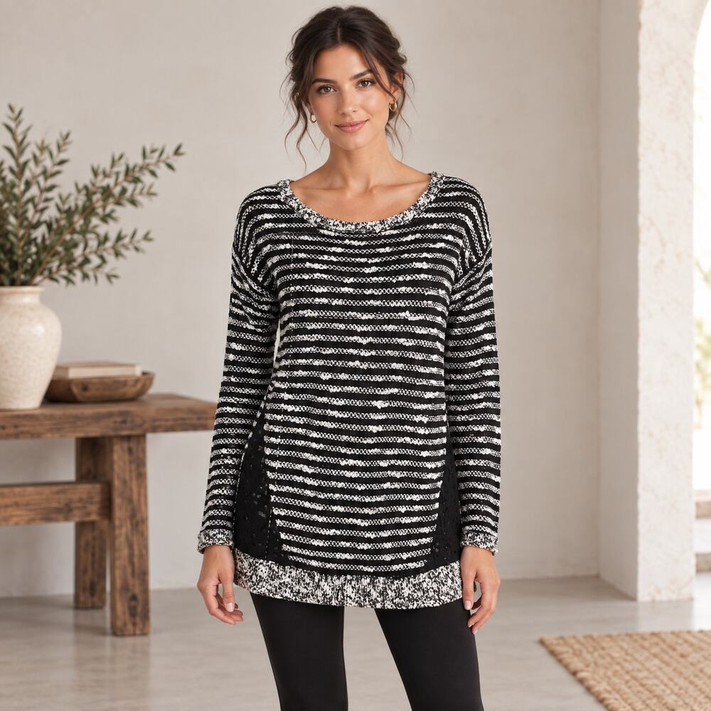 Moth Staccato Stripe Black White Nubby Knit Sweater Small